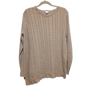 J Jill Cable Knit Sweater Tan Long Sleeve Asymmetrical Hem Size L